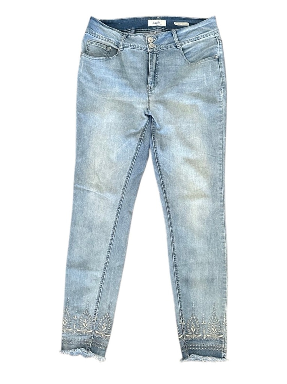 Angels Curvy Skinny High Rise Light Blue Embroidered Ankle Jeans. Size 14.  EUC